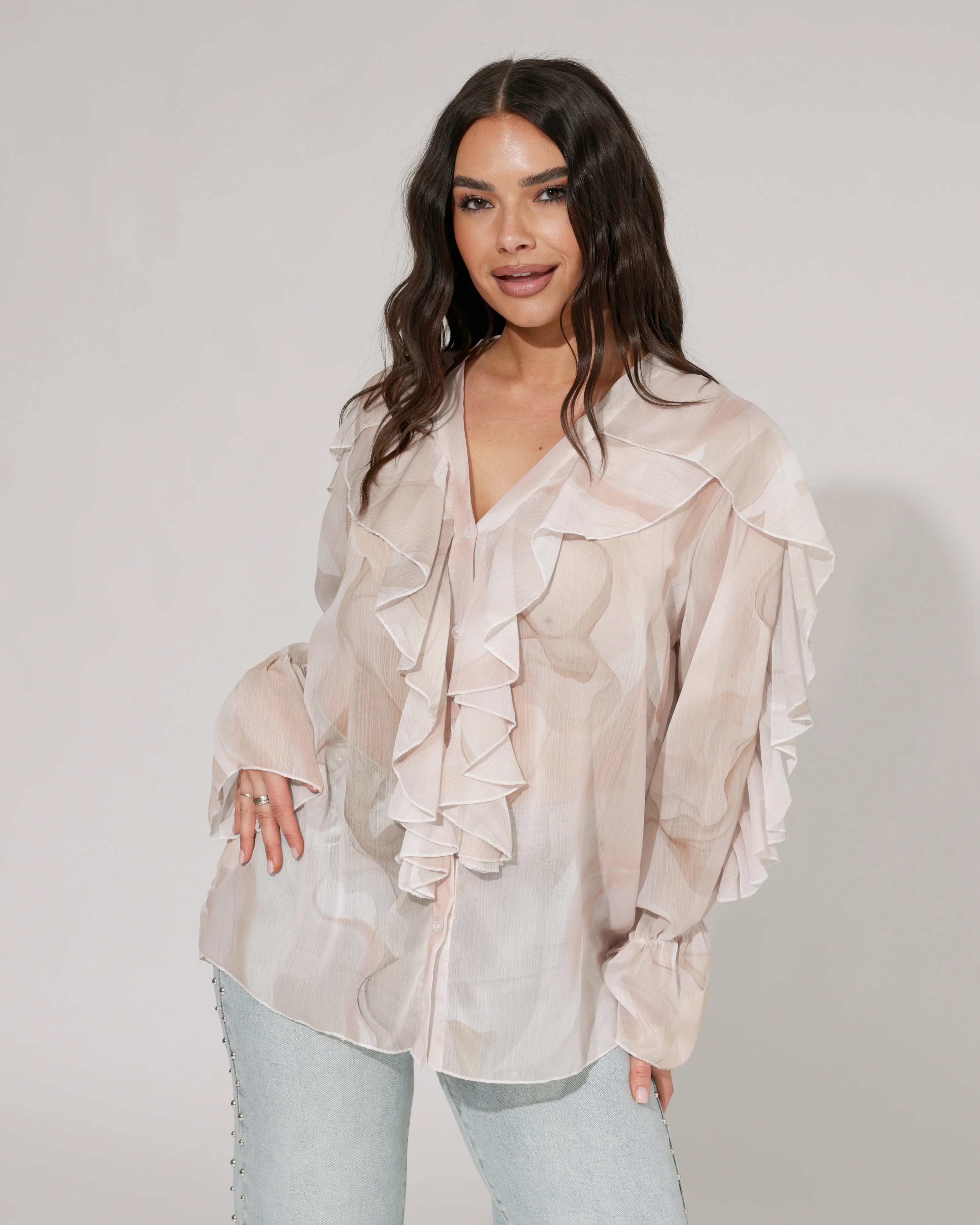 Blouse ruffle Lucy Taupe - Image 3