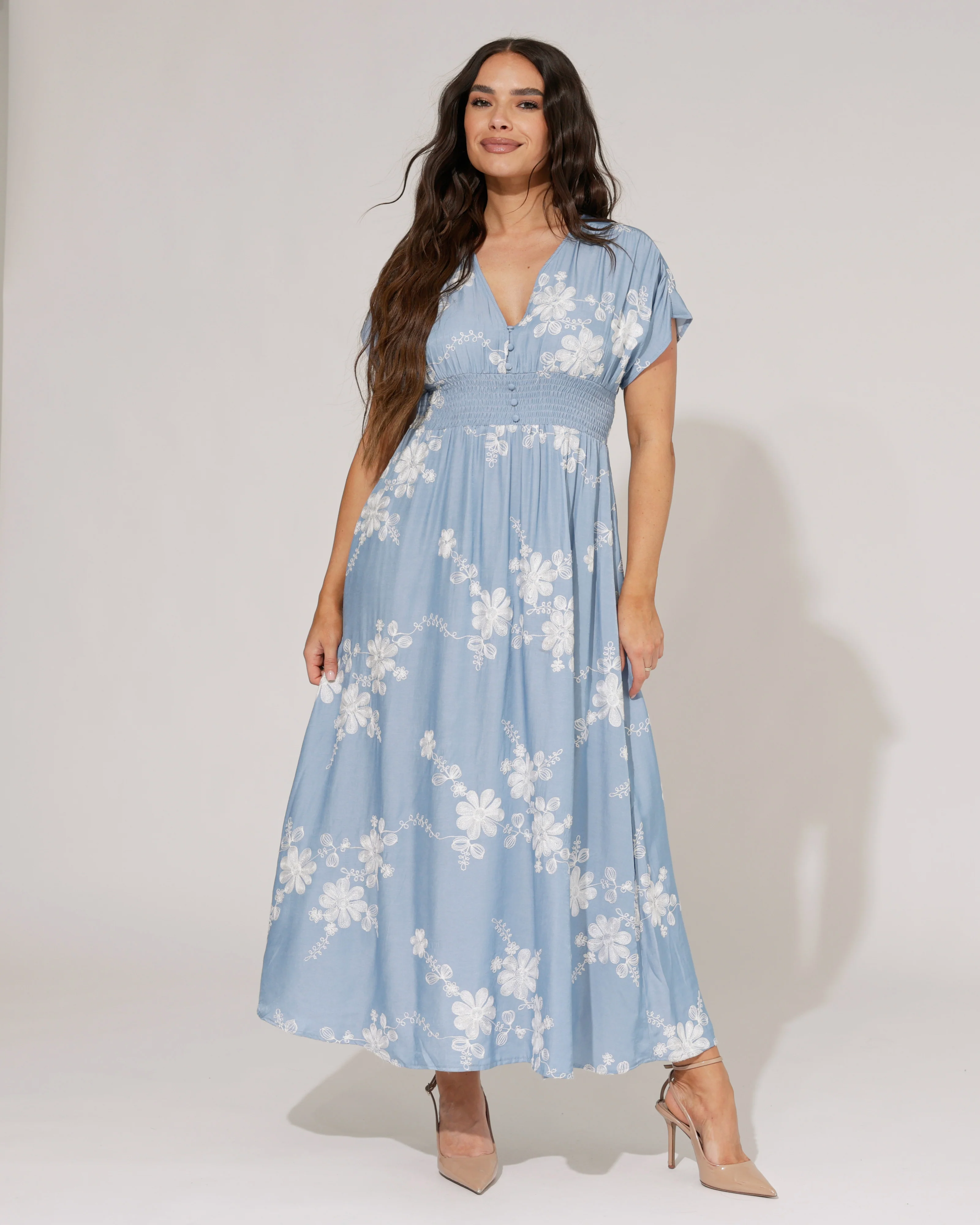 Denim-look jurk geborduurde bloemen Coco Lichtblauw