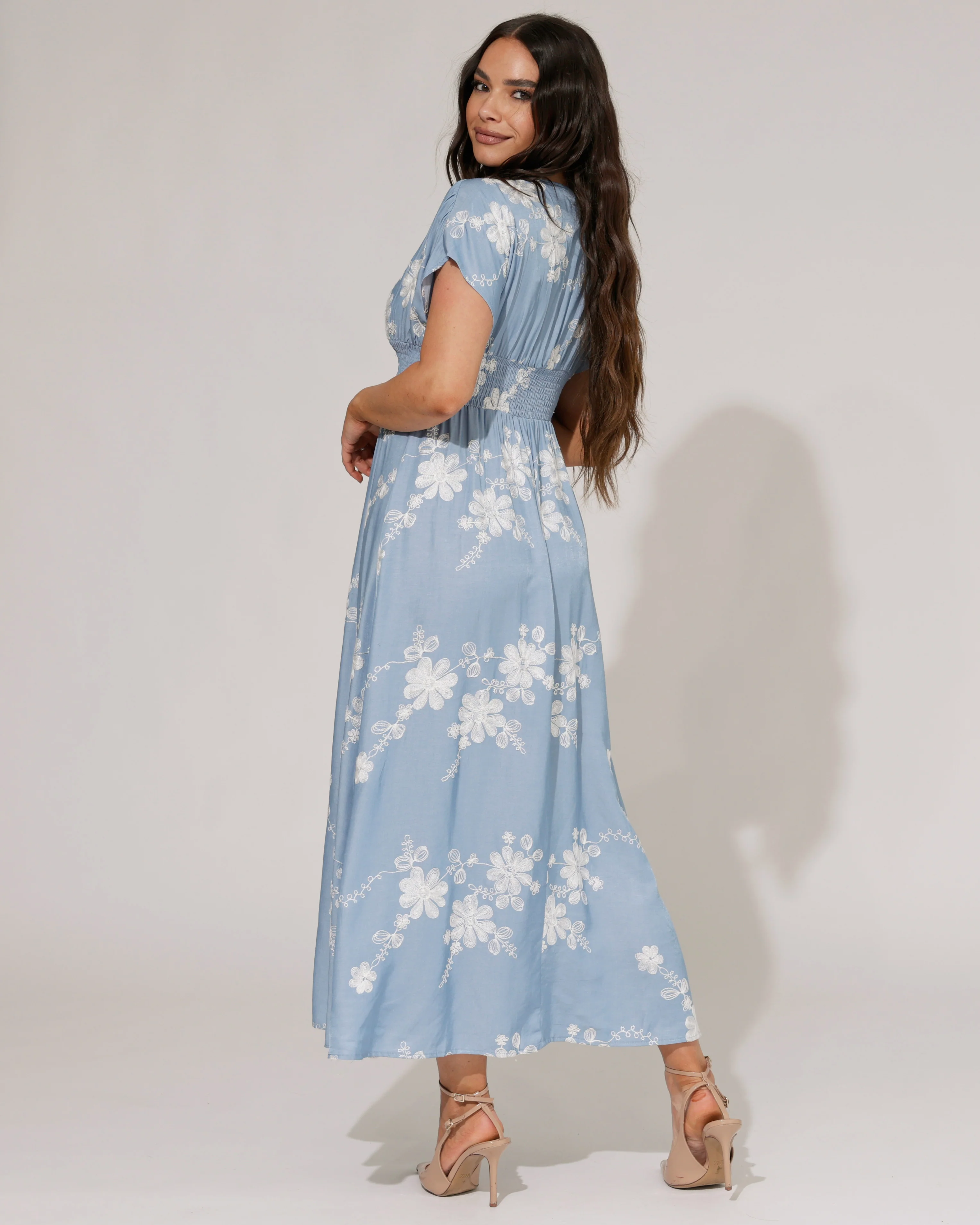 Denim-look jurk geborduurde bloemen Coco Lichtblauw - Image 2