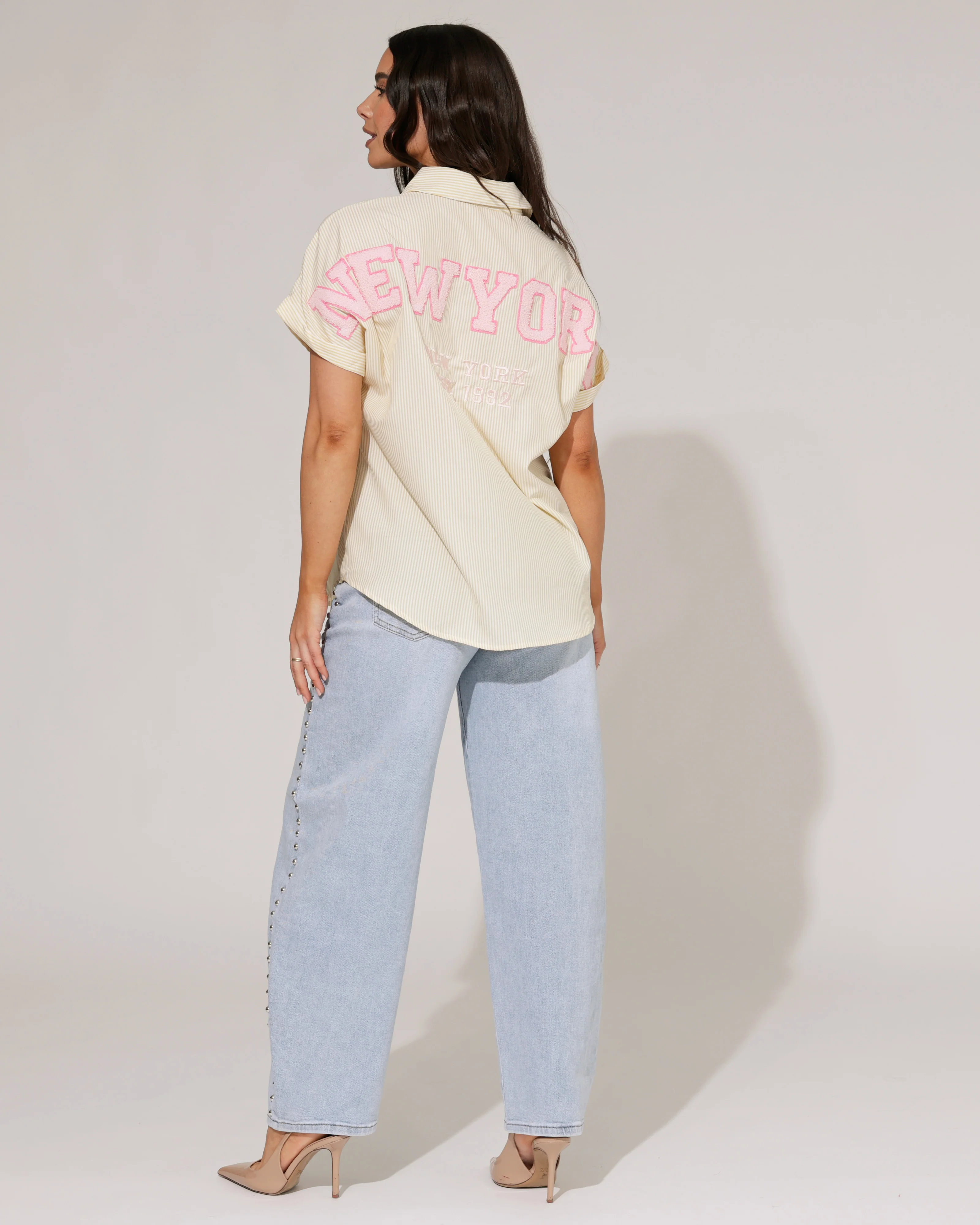 Gestreepte blouse korte mouwen NY Geel - Image 3