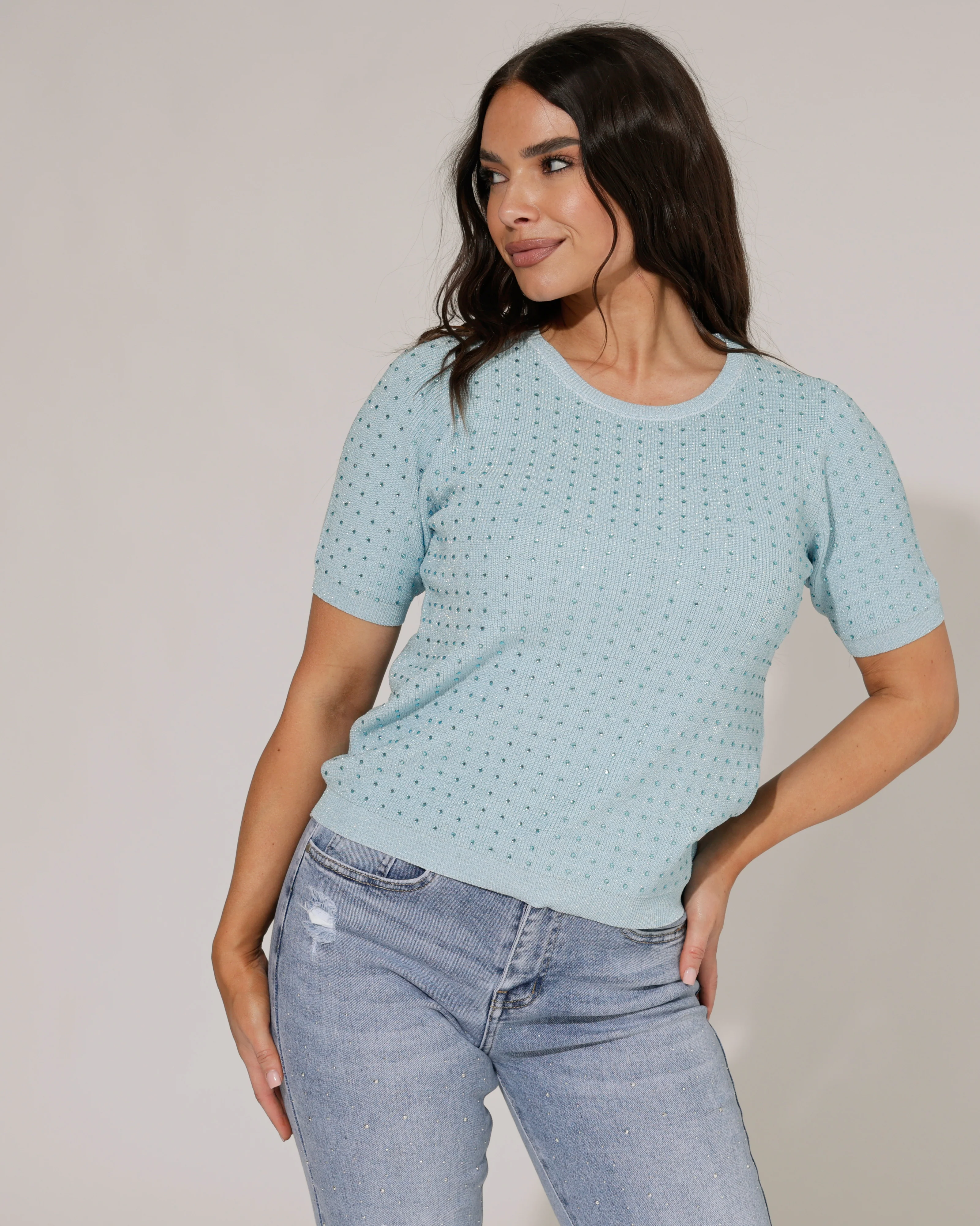 Lurex top korte mouw strass Sindey Lichtblauw