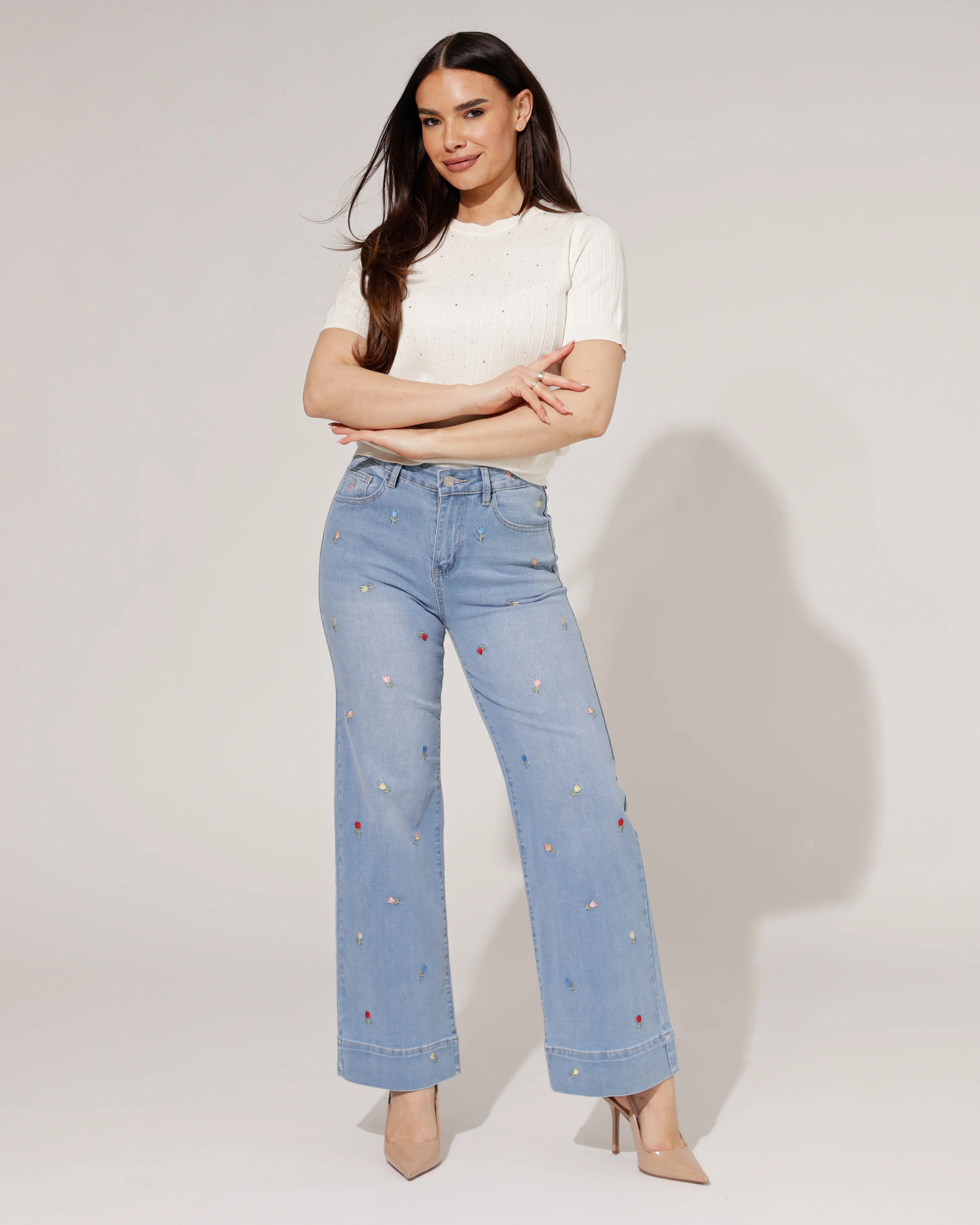 Maison Onado | Wide leg jeans bloemetjes Maya Lichtblauw - Image 3