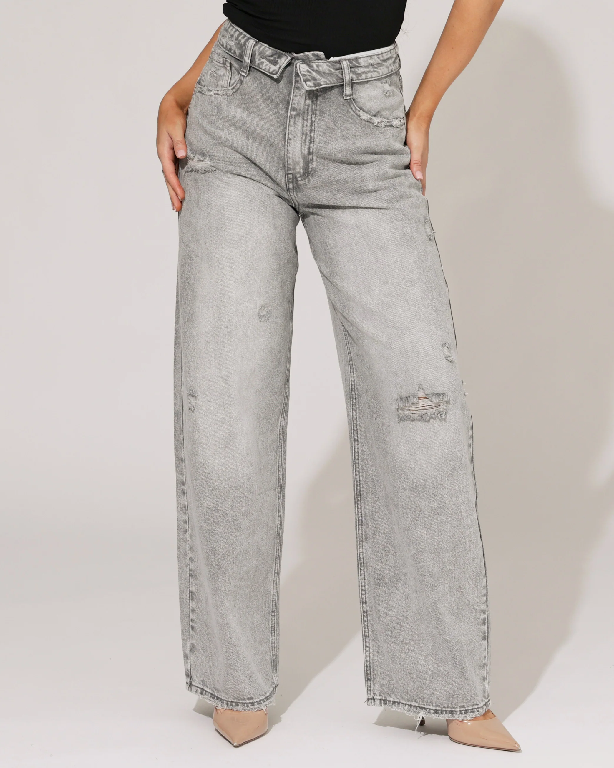 Queen Hearts | Baggy wide leg jeans met omslag Deb-2 Grijs