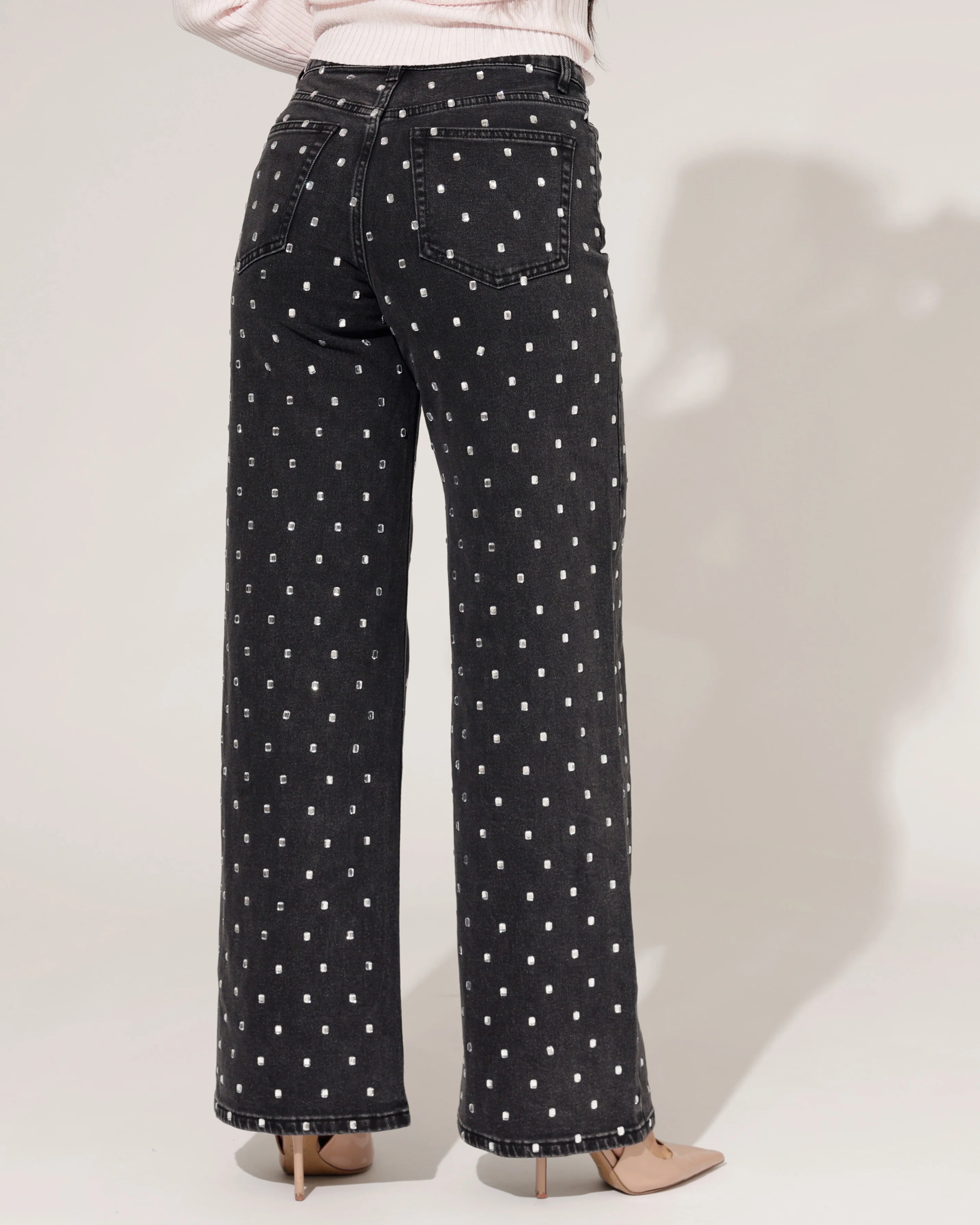 Queen Hearts | Wide leg jeans Rhinestones all over Tina-2 Zwart/ Zilver - Image 3