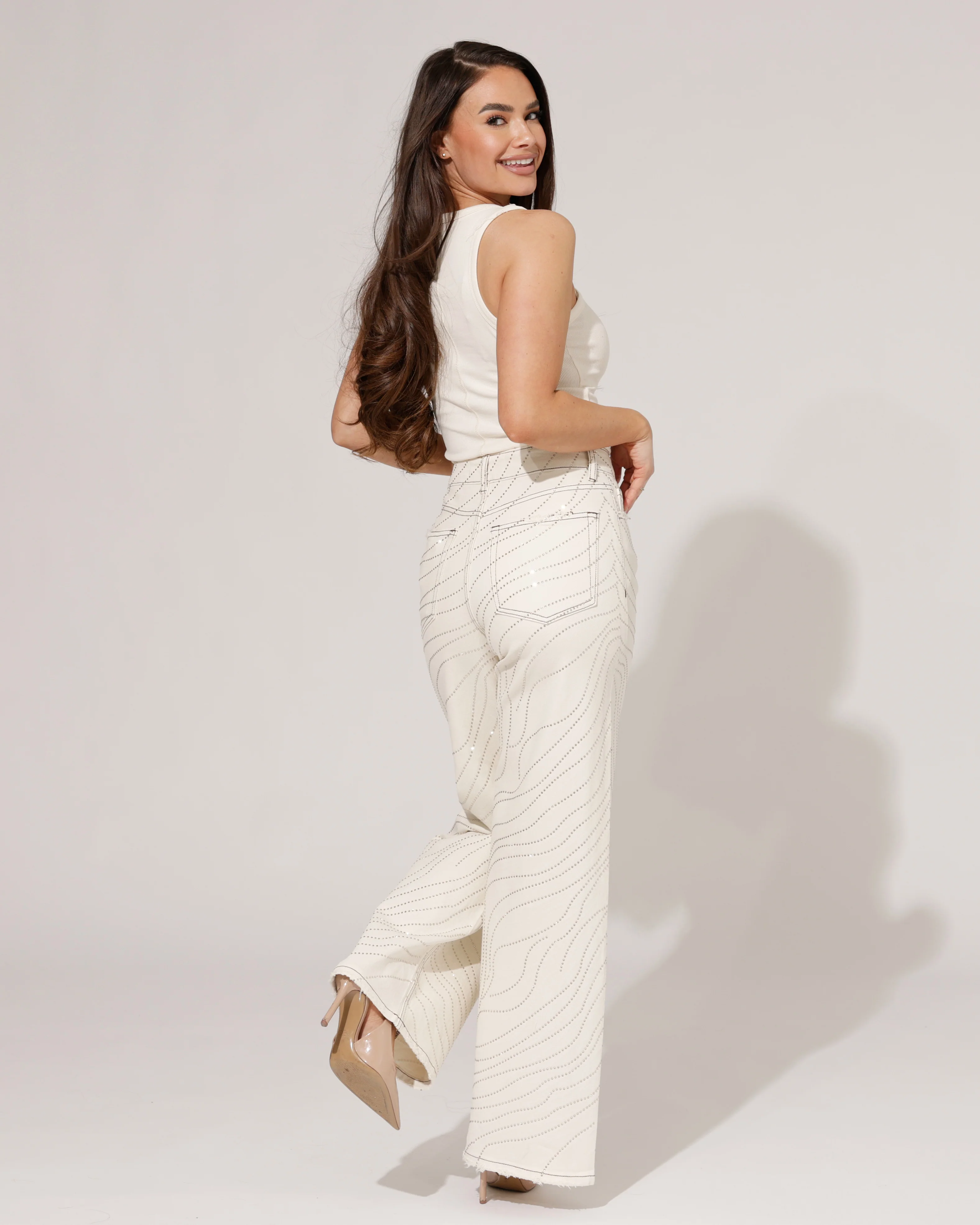 Queen Hearts | Wide leg jeans strass Lore-K Beige - Image 3
