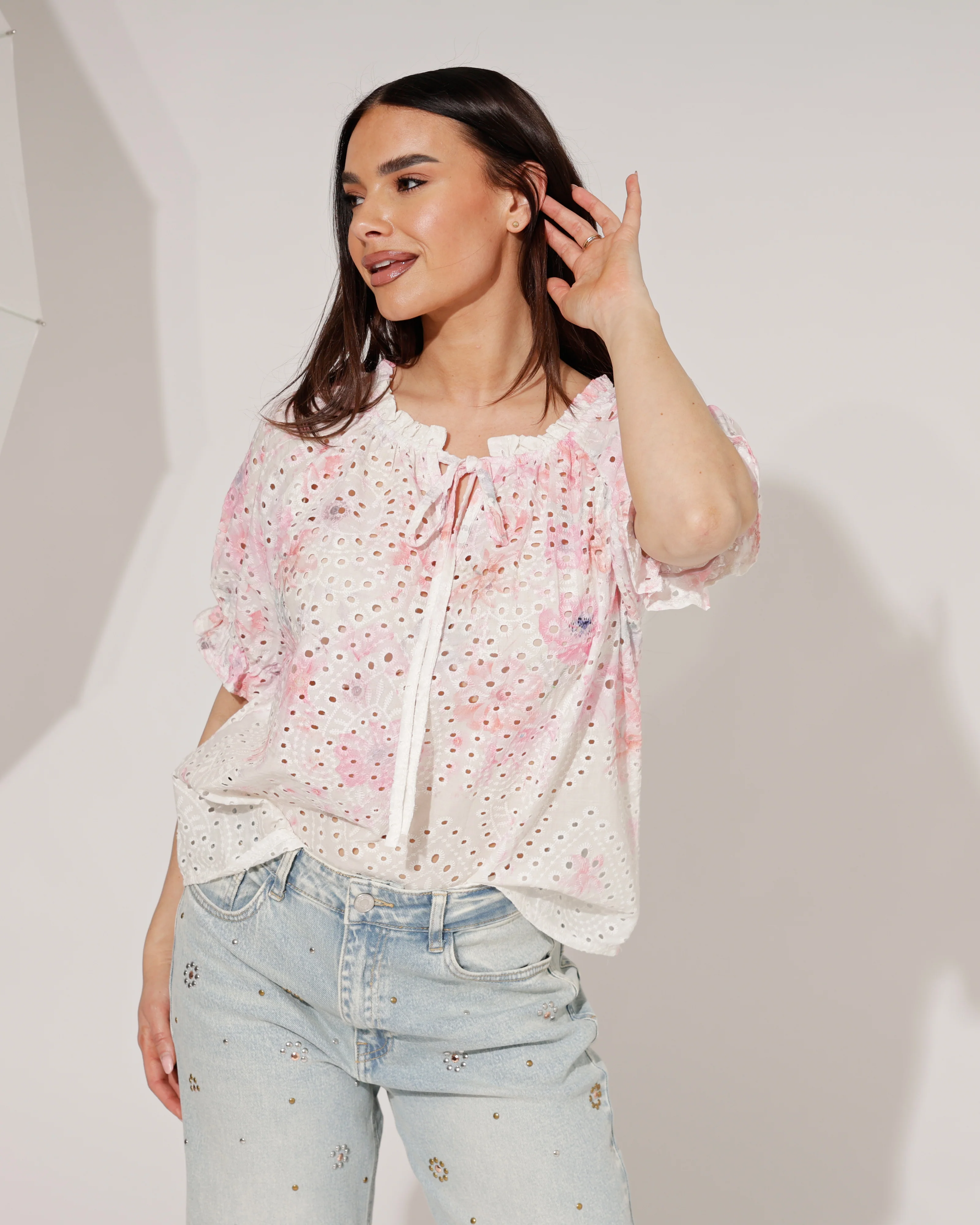 Top Broderie Fienne Wit/ Fuchsia