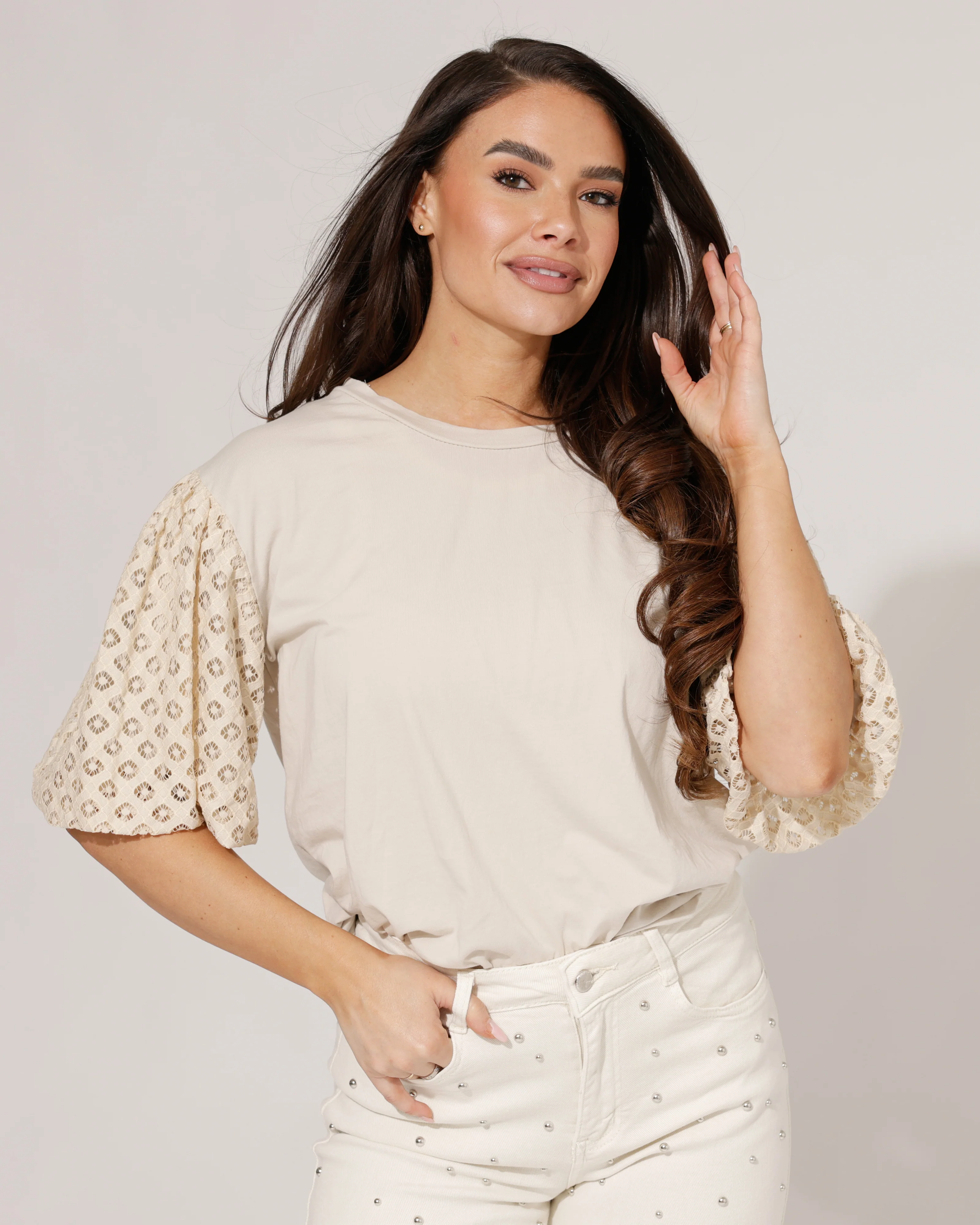 Top met korte mouw kant Bella Beige